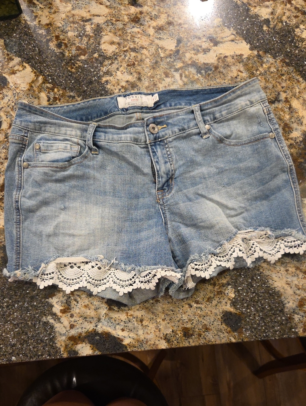 torrid Light Blue Denim Shorts with White Lace Hem